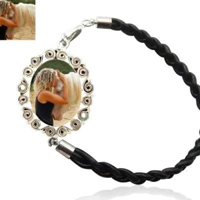 Sterling Silver Scrolls and Braided Leather Photo Bracelet